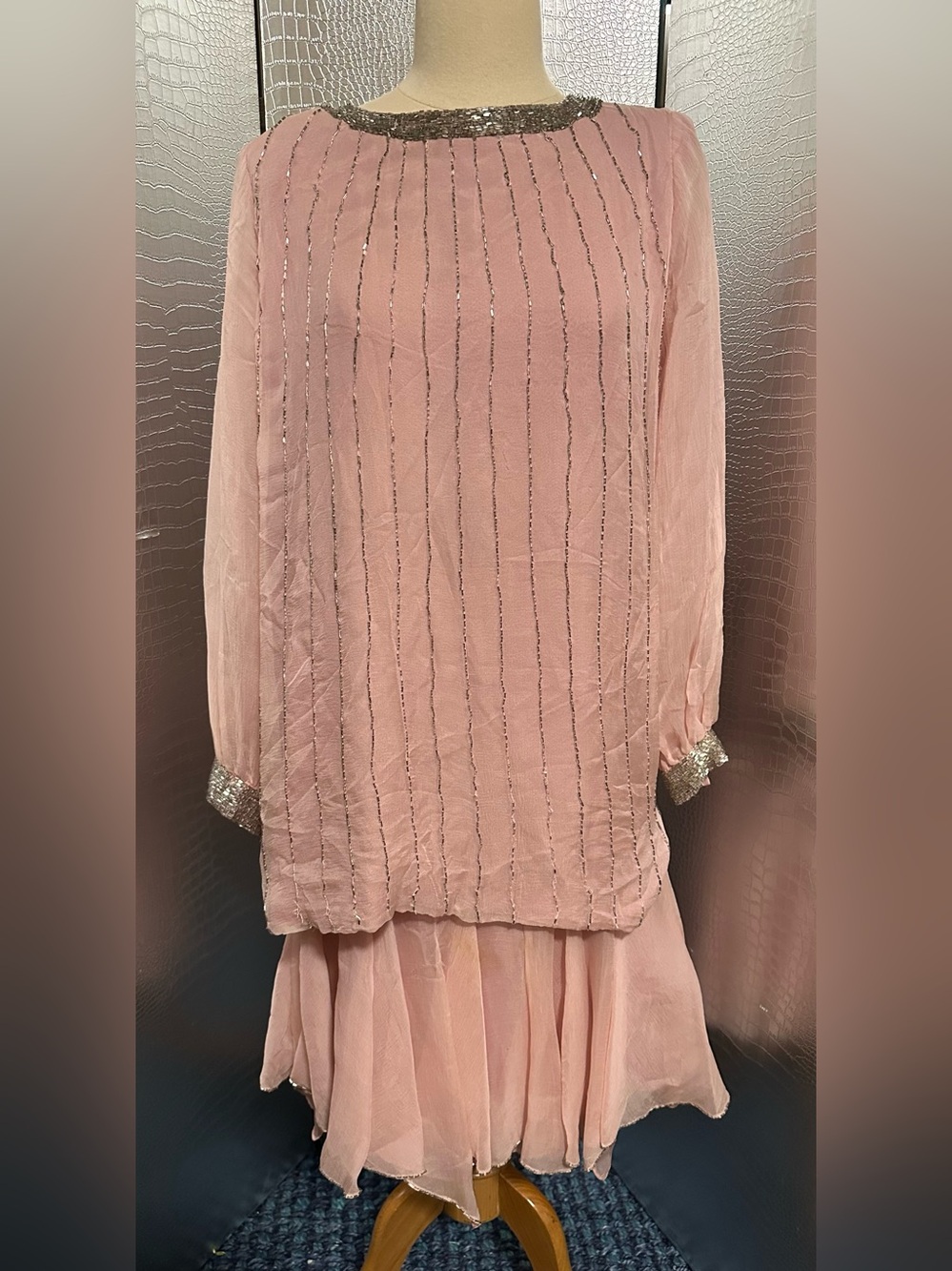 Blush Pink Sheer Beaded Tunic Top with Sequin Cuffs Matching Skirt